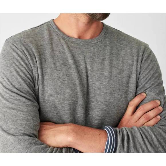 NEW FAHERTY cloud reversible crew shirt in medium grey heather / navy cream stri - Picture 5 of 6